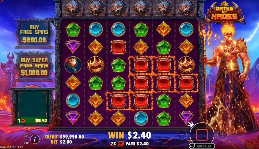 Gates of Hades red gem cluster win on the 6x6 grid