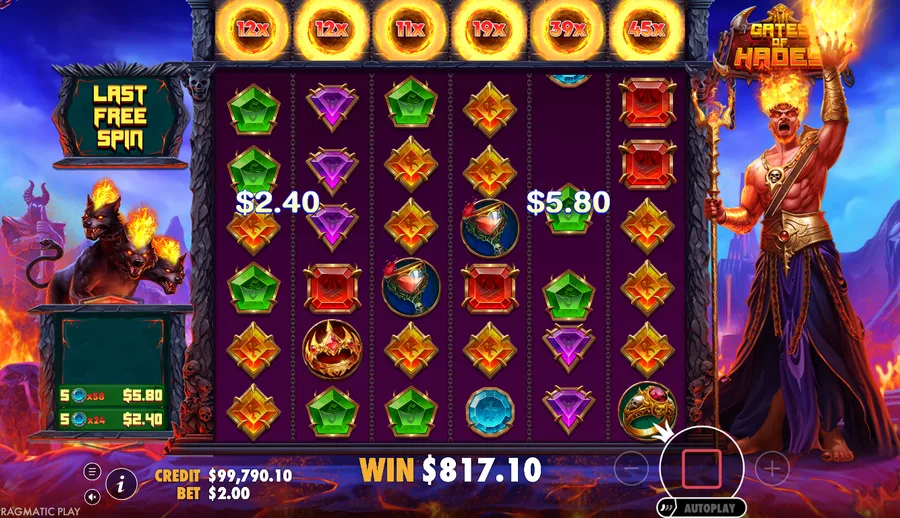 Gates of Hades final free spin with peak stacked column meters near 45x as Hades raises his arm, WIN $817.10