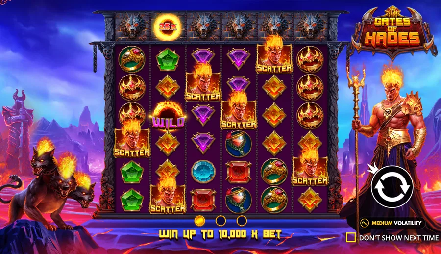 Gates of Hades theme splash with Hades and the three-headed Cerberus and the words WIN UP TO 10,000X BET