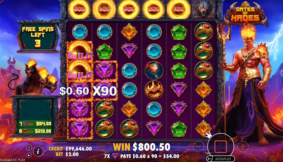 Gates of Hades Super Free Spins with two stacked wilds, a purple gem cluster and a payout formula reaching a WIN of $800.50
