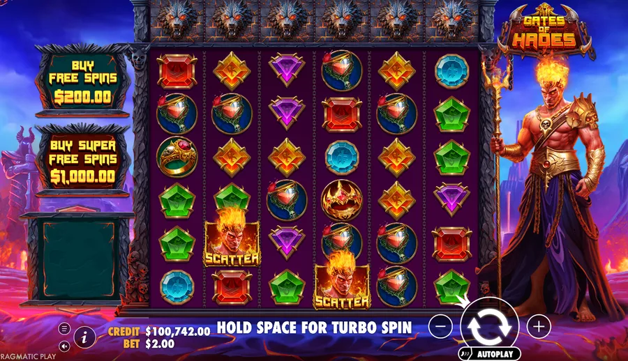 Gates of Hades base game with two Hades scatters on the board and a blue gem cluster forming