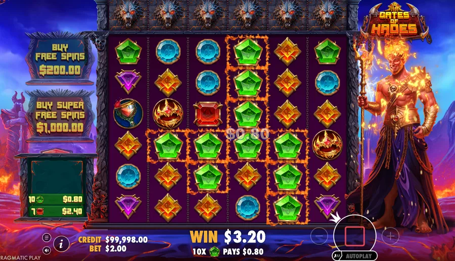 A green gem cluster paying in Gates of Hades as the symbols clear and tumble