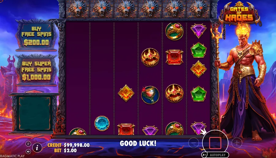 Gates of Hades demo mid-spin with symbols dropping into the 6x6 grid and a GOOD LUCK prompt