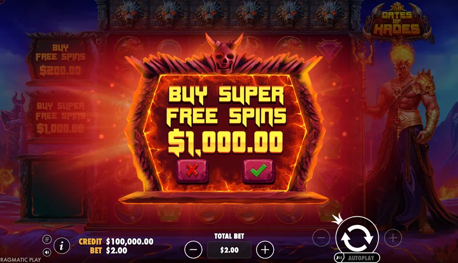 Gates of Hades feature buy confirmation panel to buy Super Free Spins for $1,000